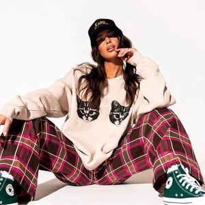 Dressed In Lala Show Me Your Kitties Pull Over Sand Sweatshirt L/XL Excellent